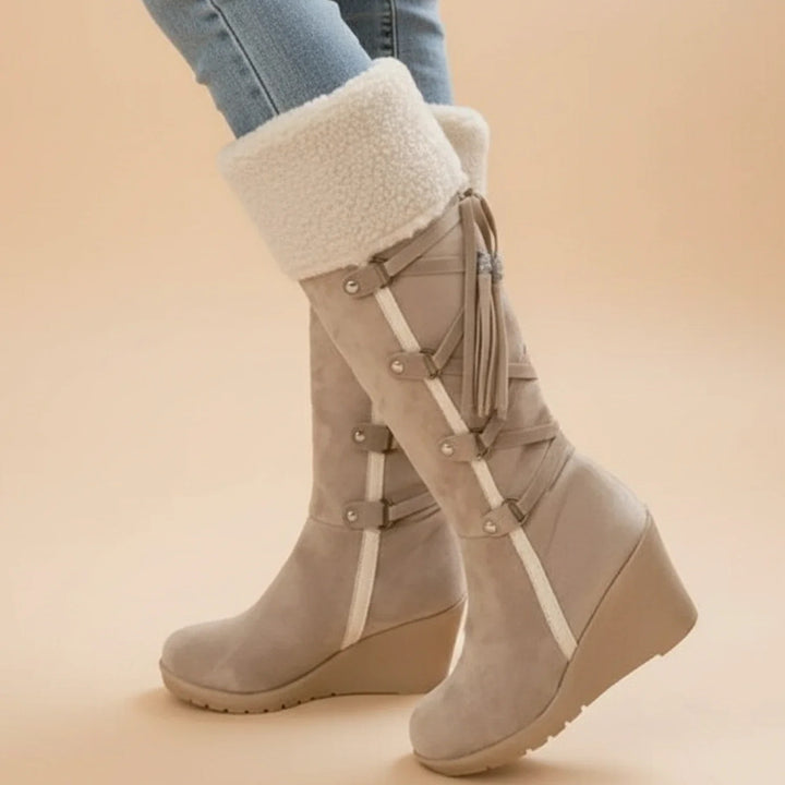 Women's Suede Wedge Knee High Boots, Sherpa Cuff Tassel Lacing