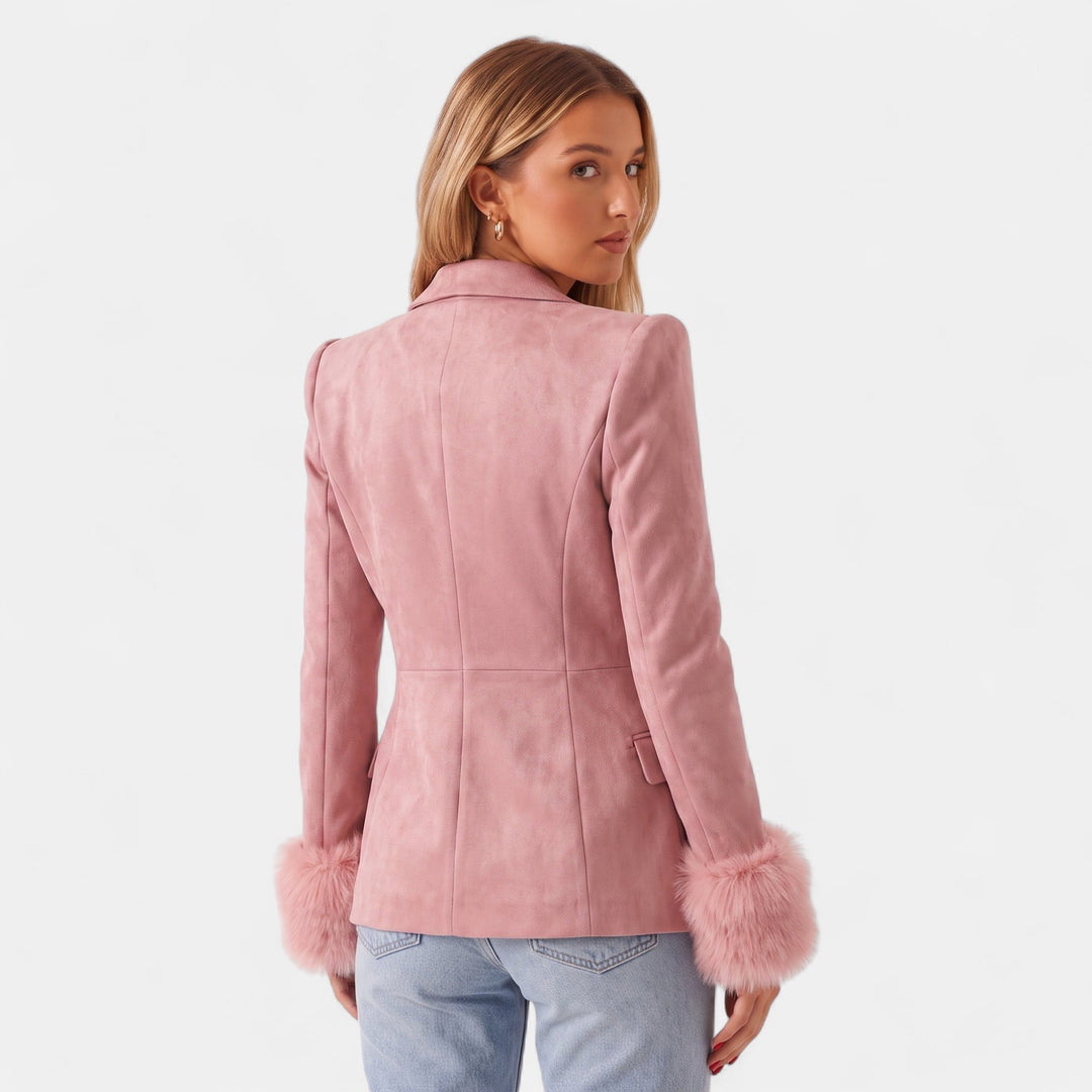 Women's Suede Double Breasted Blazer, Faux Fur Cuffs Military