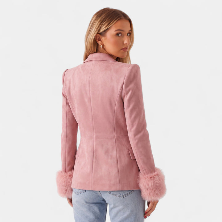 Women's Suede Double Breasted Blazer, Faux Fur Cuffs Military