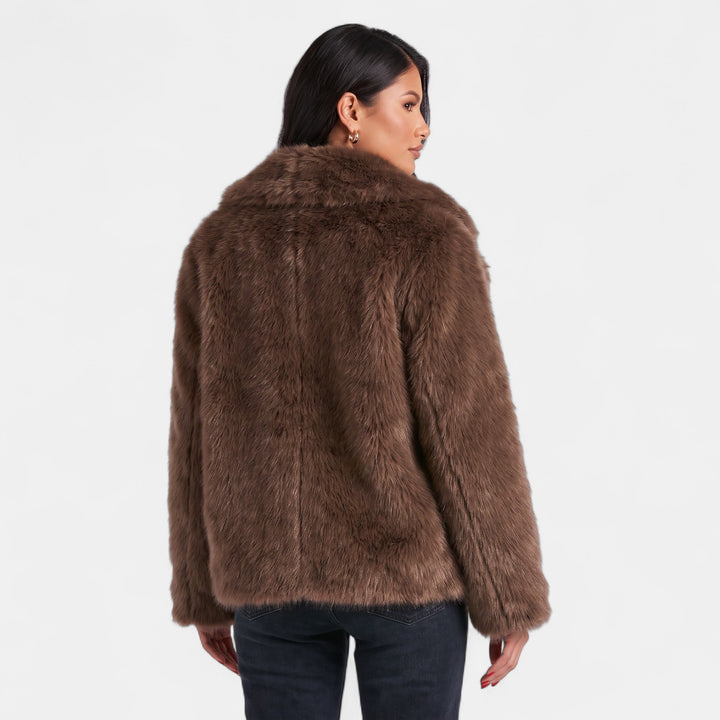 Women's Short Faux Fur Coat, Notched Lapel Long Sleeves