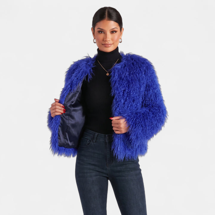 Women's Faux Fur Coat, Long Sleeve Collarless Oversized