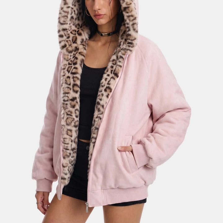 Women's Oversized Hooded Bomber Jacket, Zip Up Long Sleeves