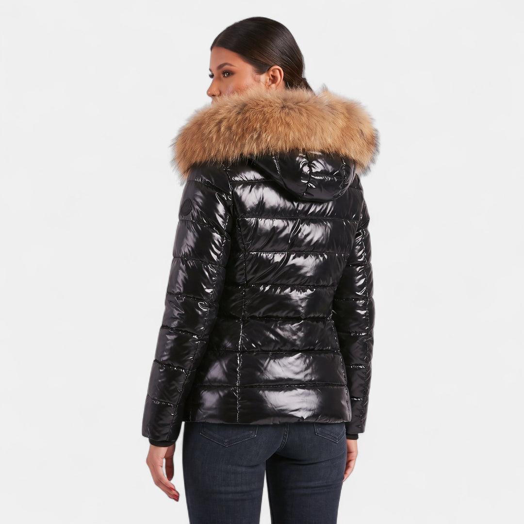 Women's Puffer Jacket, Hip Length Faux Fur Collar Structured