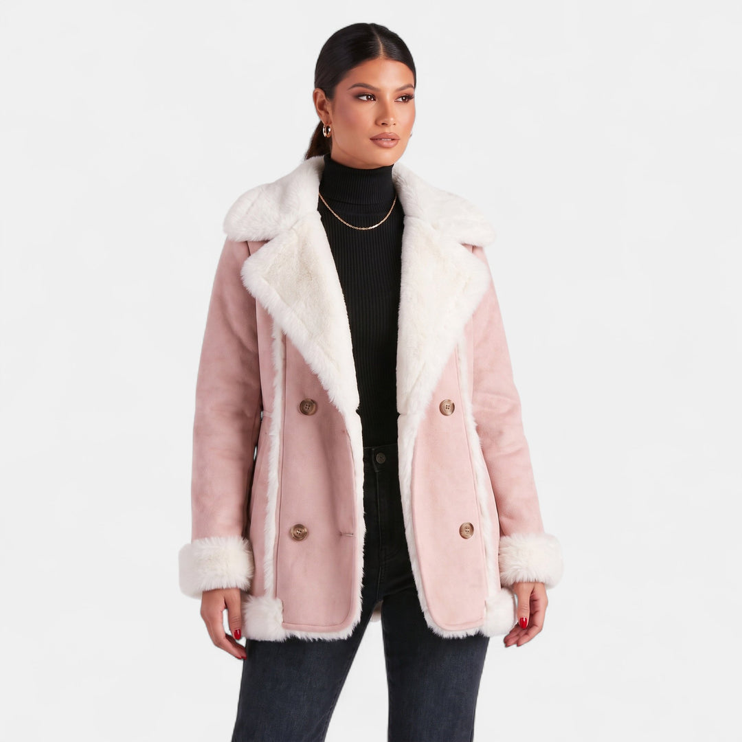 Women's Double Breasted Suede Jacket, Shearling Trim Hip Length