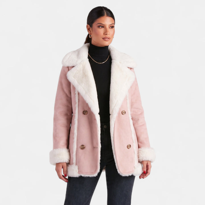 Women's Double Breasted Suede Jacket, Shearling Trim Hip Length