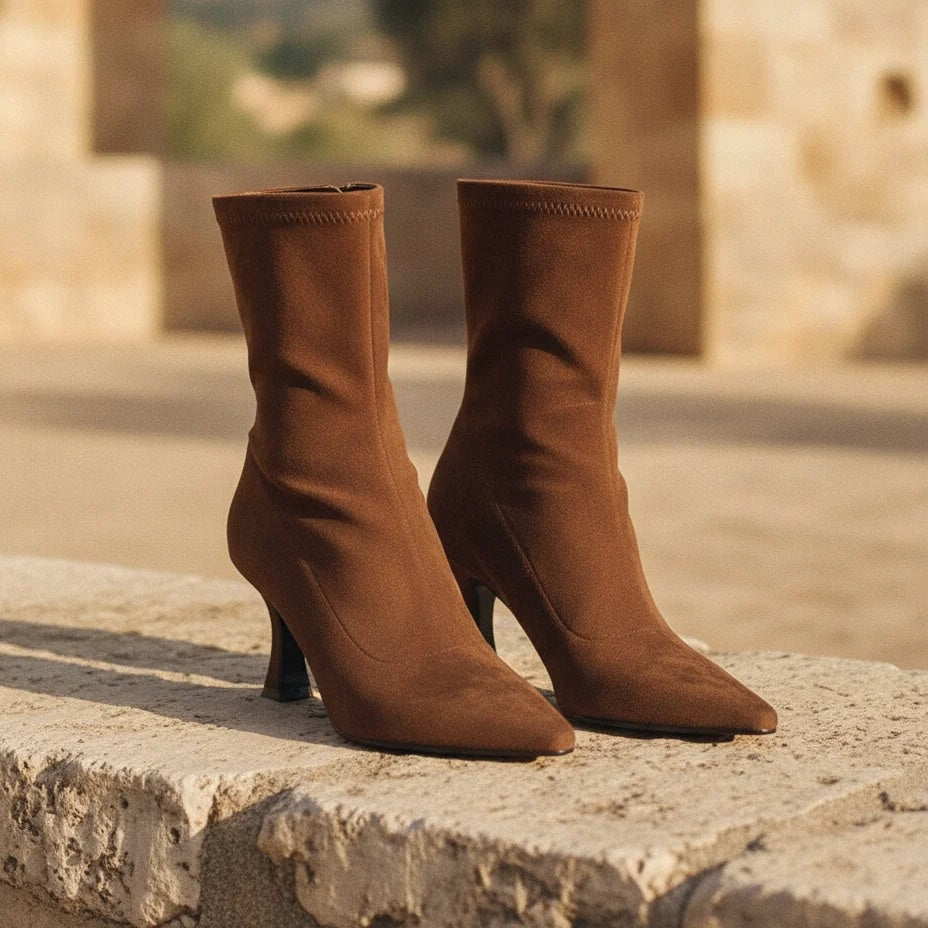 Women's Suede Kitten Heel Ankle Boots, Pointed Toe Sock Fit Zip