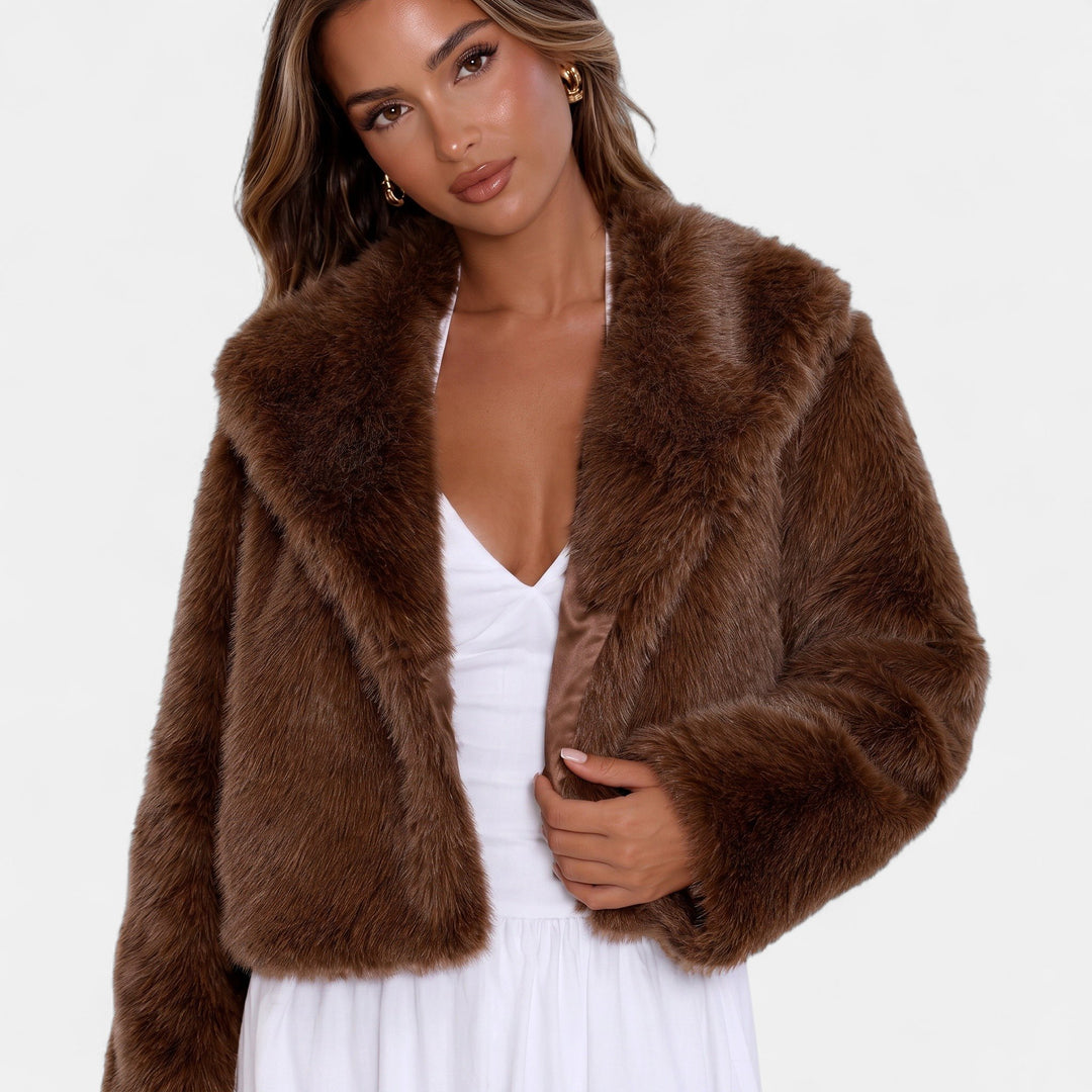 Women's Faux Fur Coat, Open Front Boxy Fit Waist Length