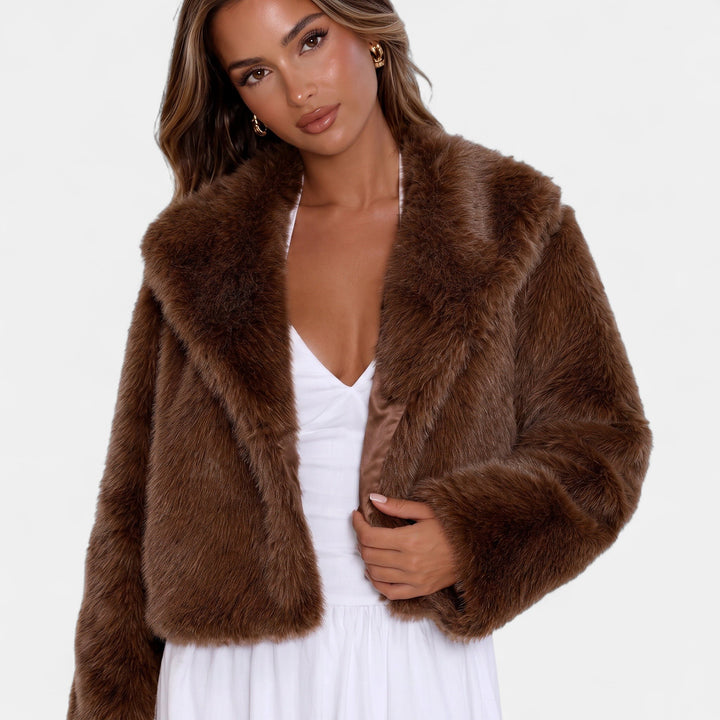 Women's Faux Fur Coat, Open Front Boxy Fit Waist Length