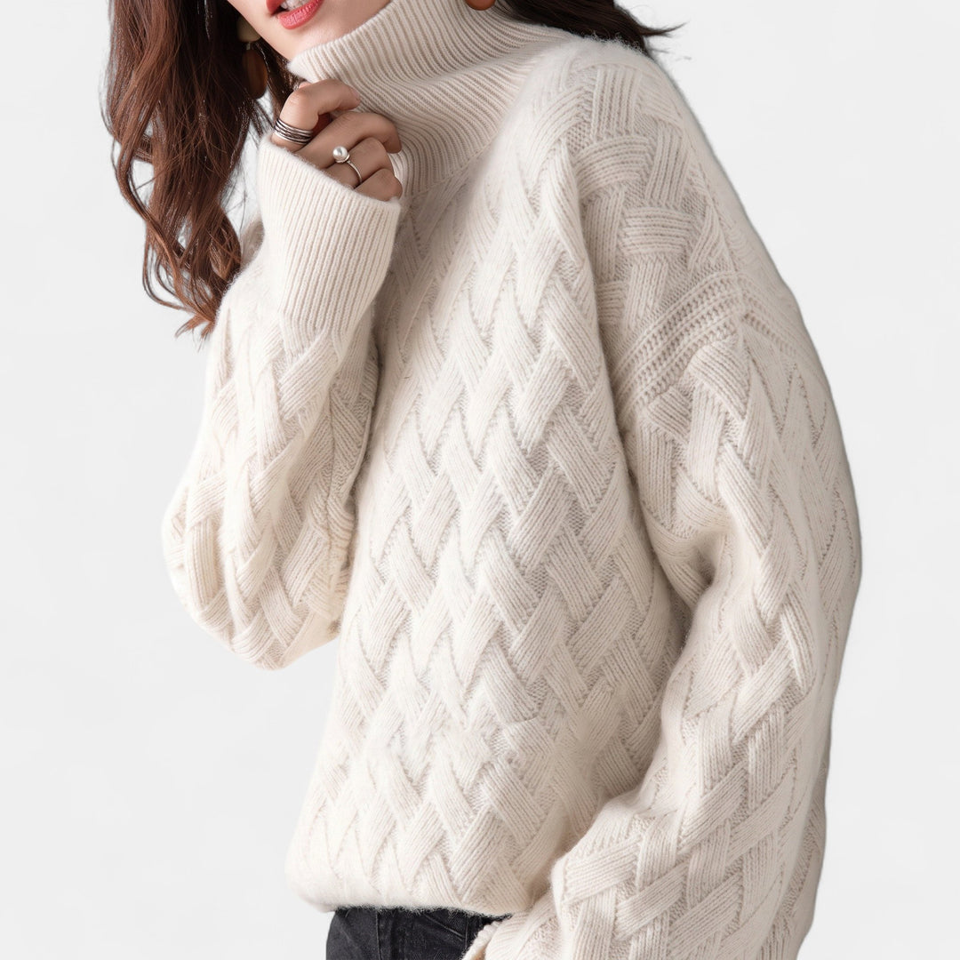 Women's Oversized Roll Neck Jumper, Chunky Basketweave Knit