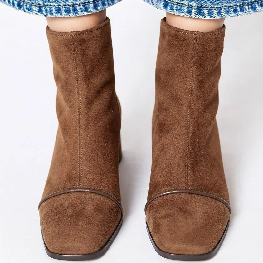 Women's Suede Brown Boots, Square Toe Sock Fit Low Block Heel Zip