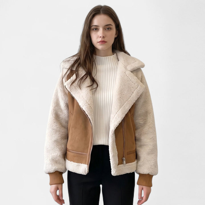 Women's Short Biker Fleece Jacket, Colorblock Boxy Fit