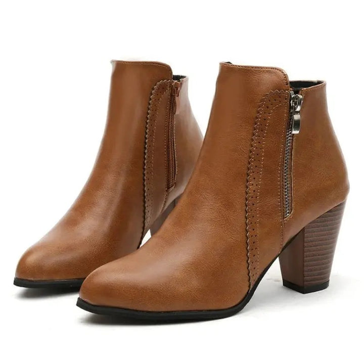 Women's Leather Ankle Boots, Block Heel Pointed Toe