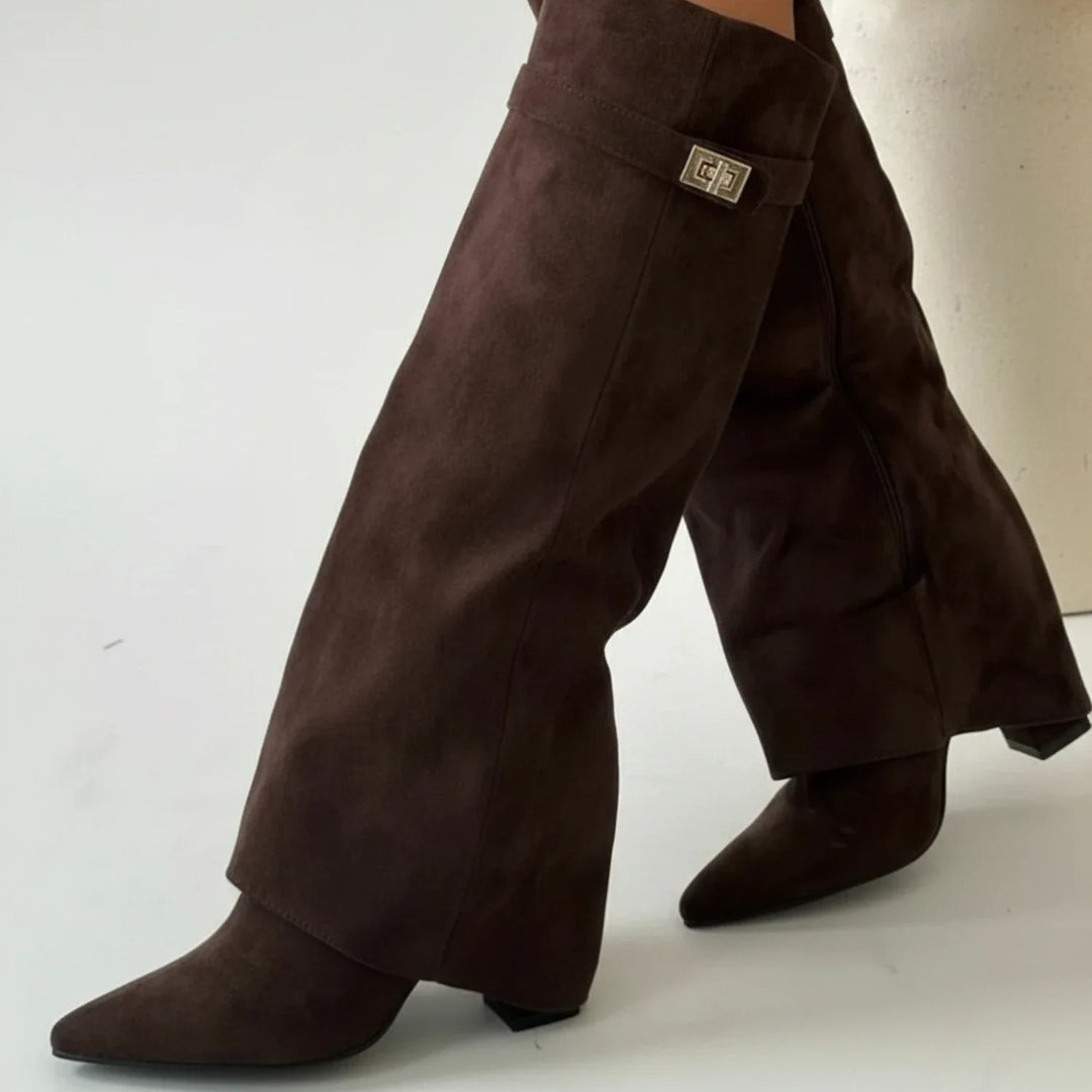 Women's Fold Over Suede Knee High Boots, Pointed Toe Wedge Heel