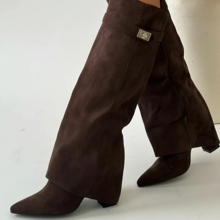 Women's Fold Over Suede Knee High Boots, Pointed Toe Wedge Heel