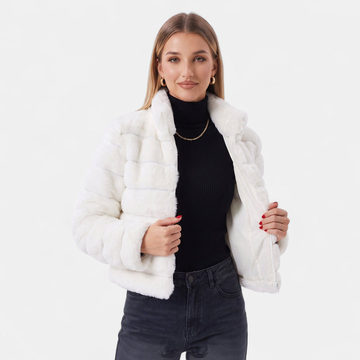 Women's Faux Fur Coat, Boxy Zip Front Stand Collar