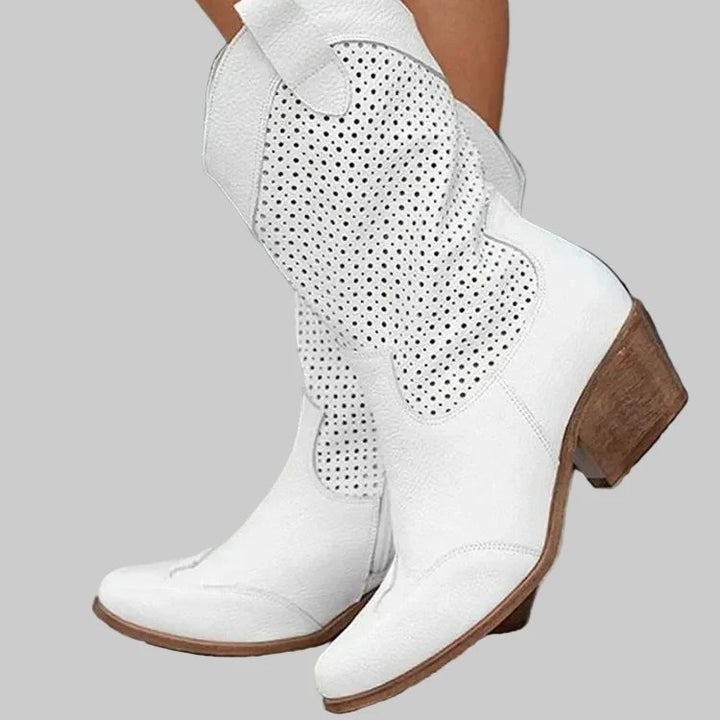 Women's Pointed Toe Cowboy Boots, Perforated Ankle Shaft Cuban Heel