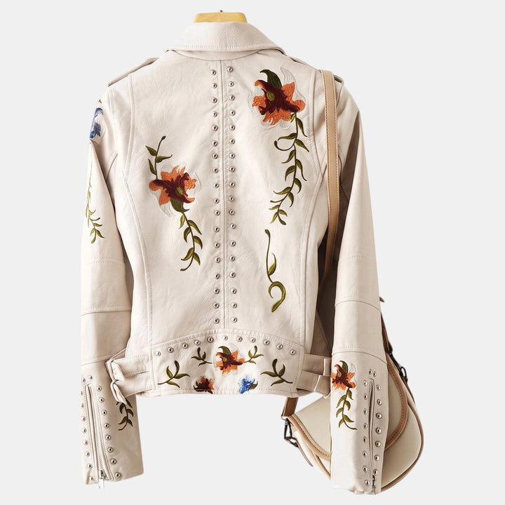 Women's Faux Leather Cropped Jacket, Floral Embroidered