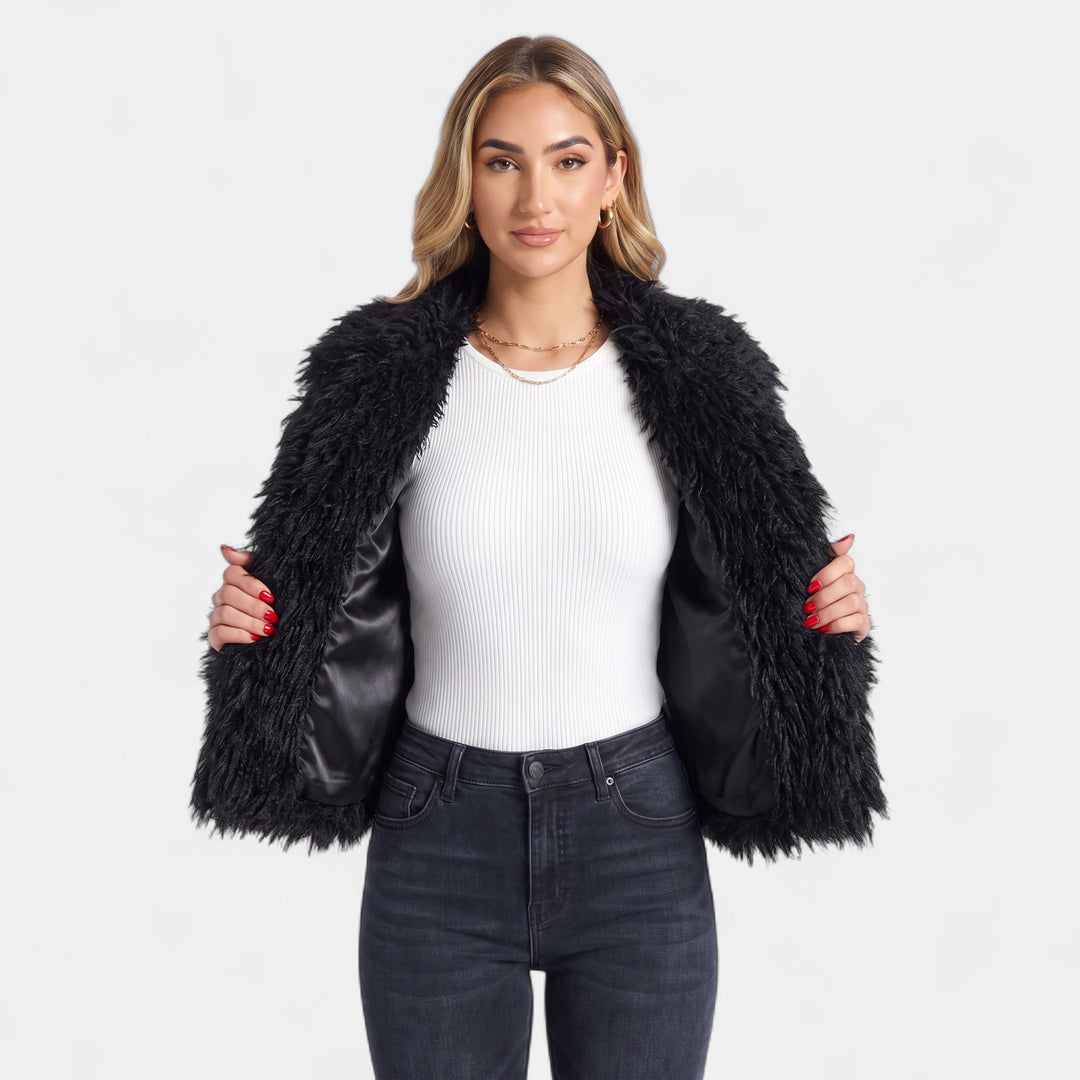 Women's Short Faux Fur Coat, Open Front Boxy Satin Lining