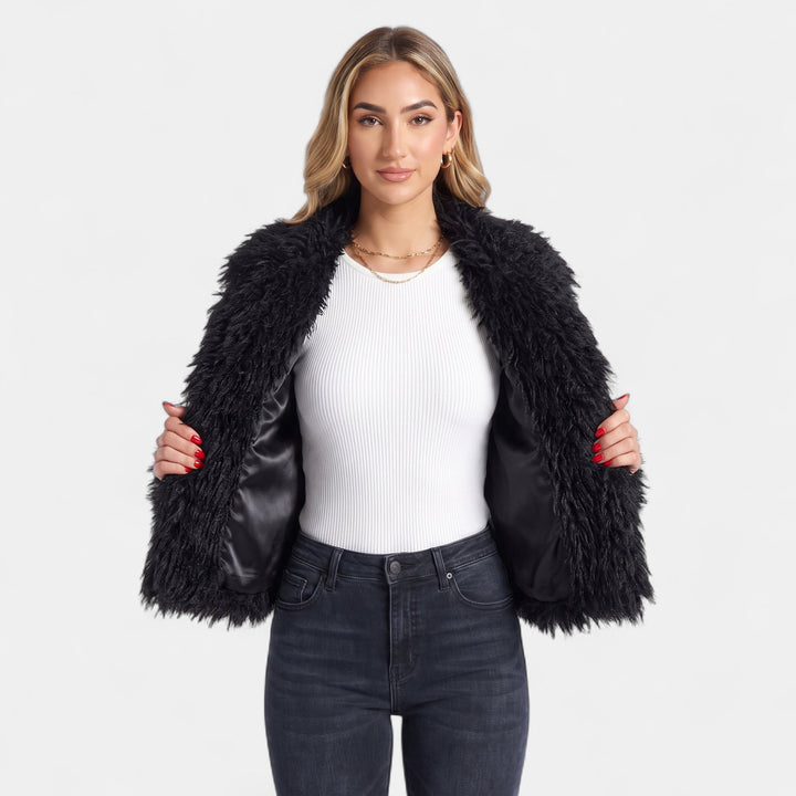 Women's Short Faux Fur Coat, Open Front Boxy Satin Lining