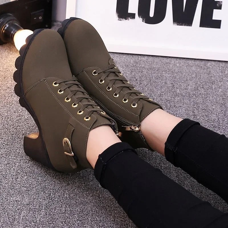 Women's Lace Up Chunky Ankle Boots, Block Heel Buckle Strap Zip