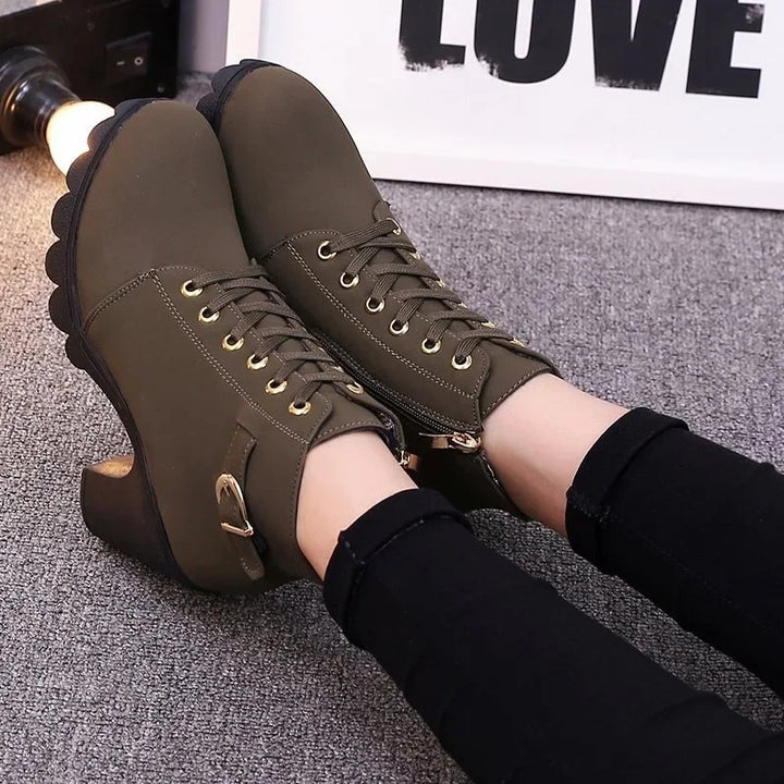 Women's Lace Up Chunky Ankle Boots, Block Heel Buckle Strap Zip