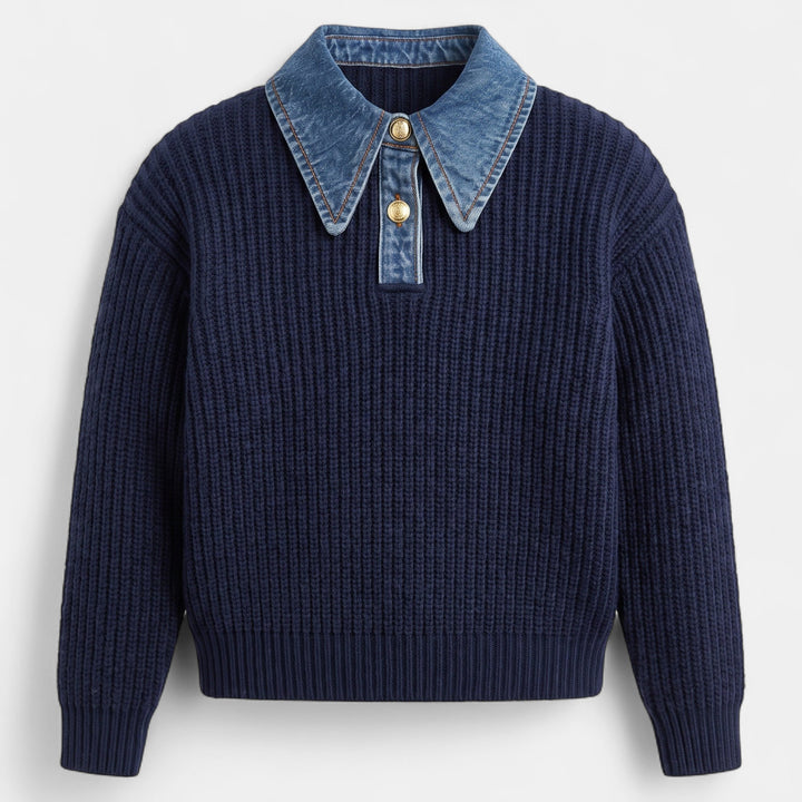 Women's Oversized Jumper, Denim Collar Button Placket Long Sleeves