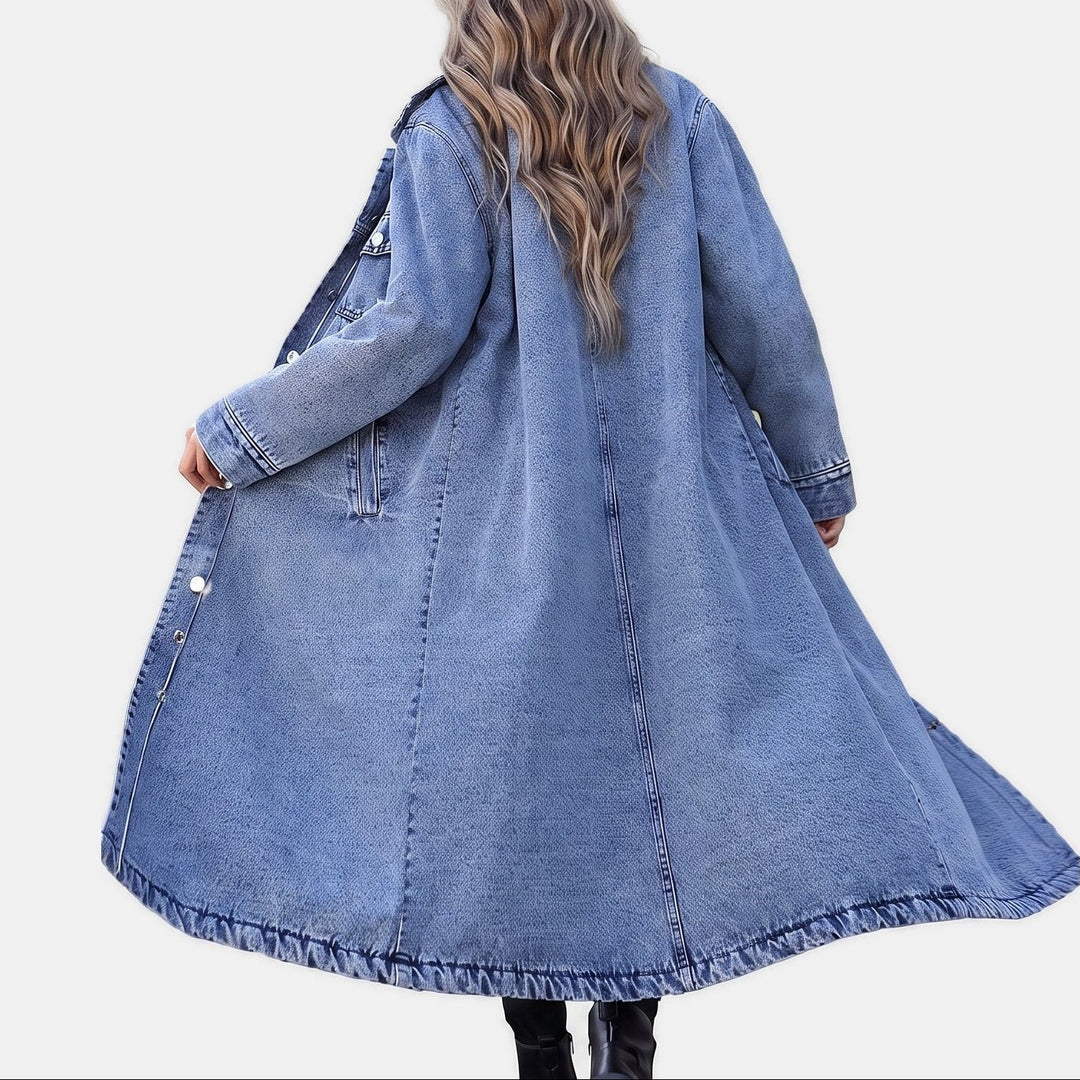 Women's Long Denim Jacket, Button Front Spread Collar
