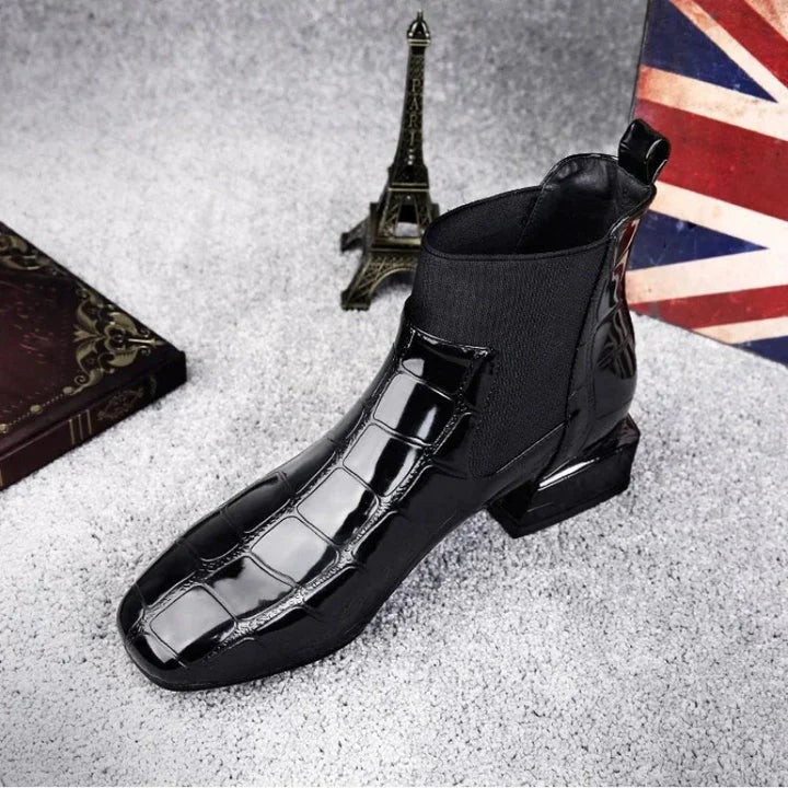 Women's Black Chelsea Boots, Croc Patent Block Heel Square Toe