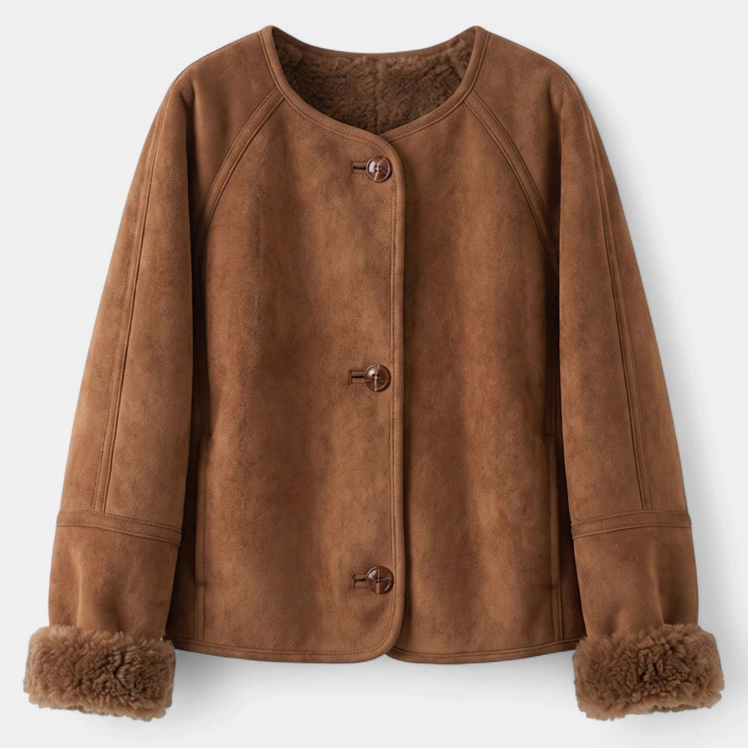 Women's Cropped Suede Jacket, Collarless Shearling Boxy Fit
