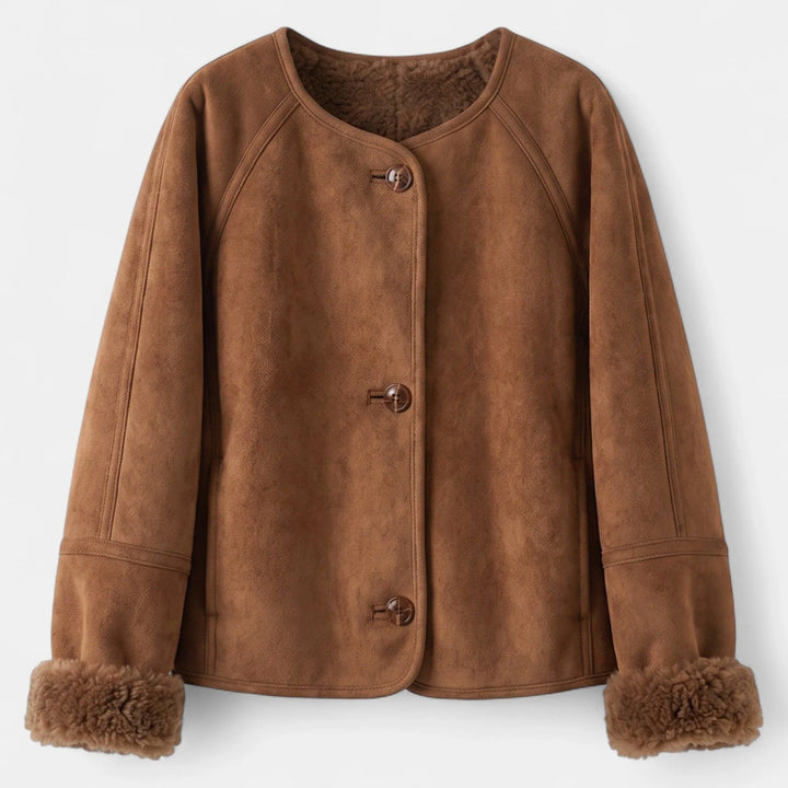 Women's Cropped Suede Jacket, Collarless Shearling Boxy Fit
