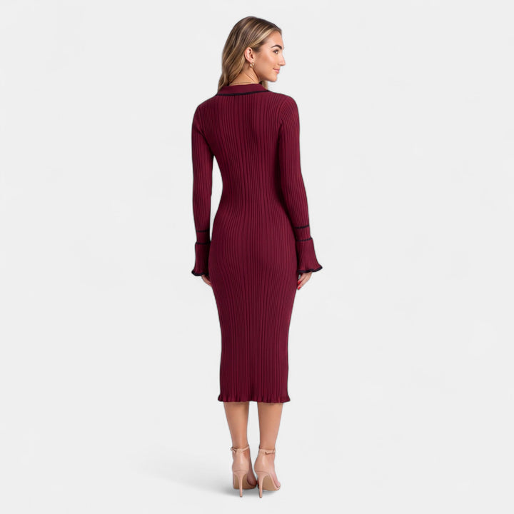 Women's Knitted Midi Jumper Dress, Long Sleeve Ribbed Polo Collar