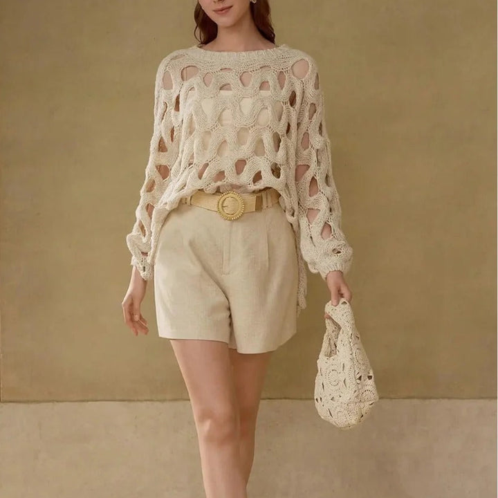 Women's Oversized Jumper, Crochet Knit Hip Length Balloon Sleeves