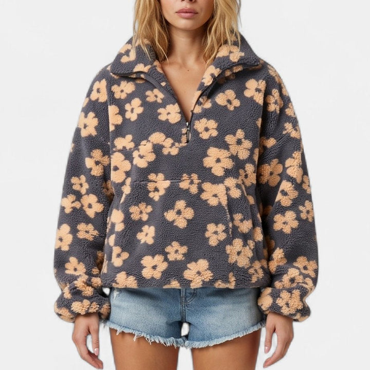 Women's Oversized Cropped Fleece Jacket, Half Zip Raw Style
