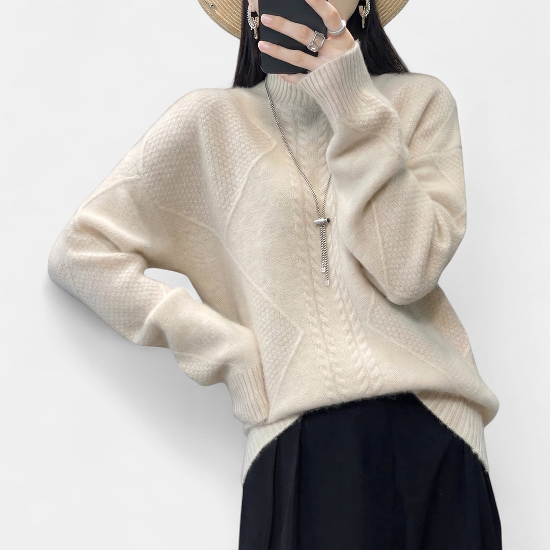 Women's Mock Neck Oversized Jumper, Cable Knit Ribbed Cuffs