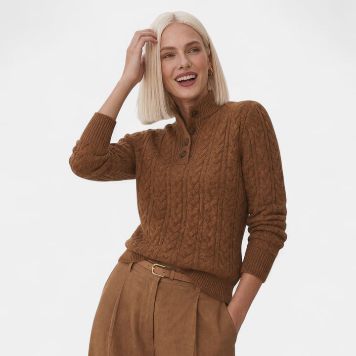 Women's Oversized Cable Knit Jumper, Button Neck Ribbed Cuffs