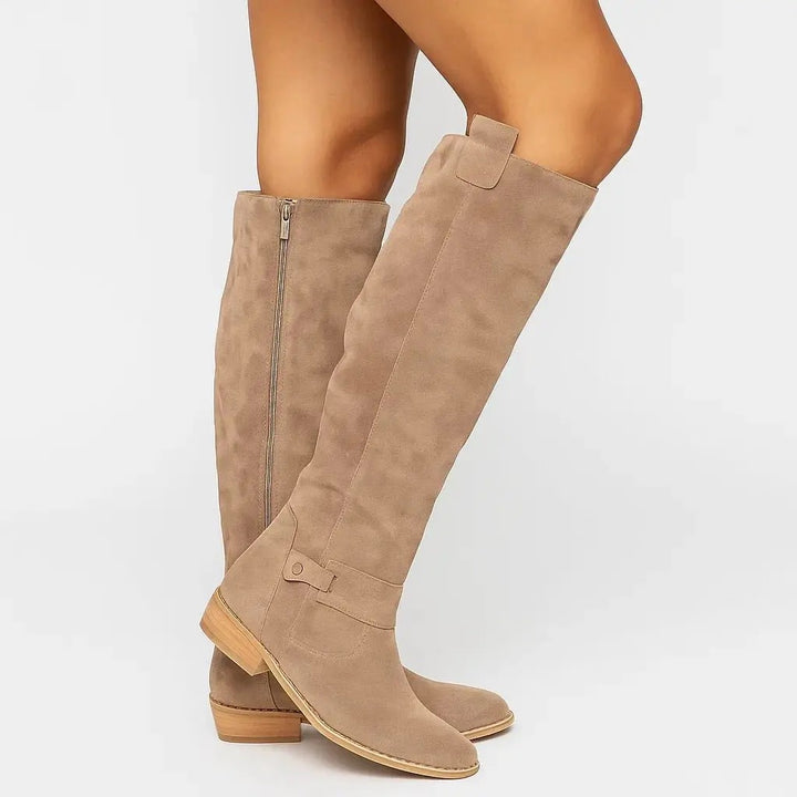 Women's Suede Knee High Boots, Low Heel Slim Fit Side Zip Buckle
