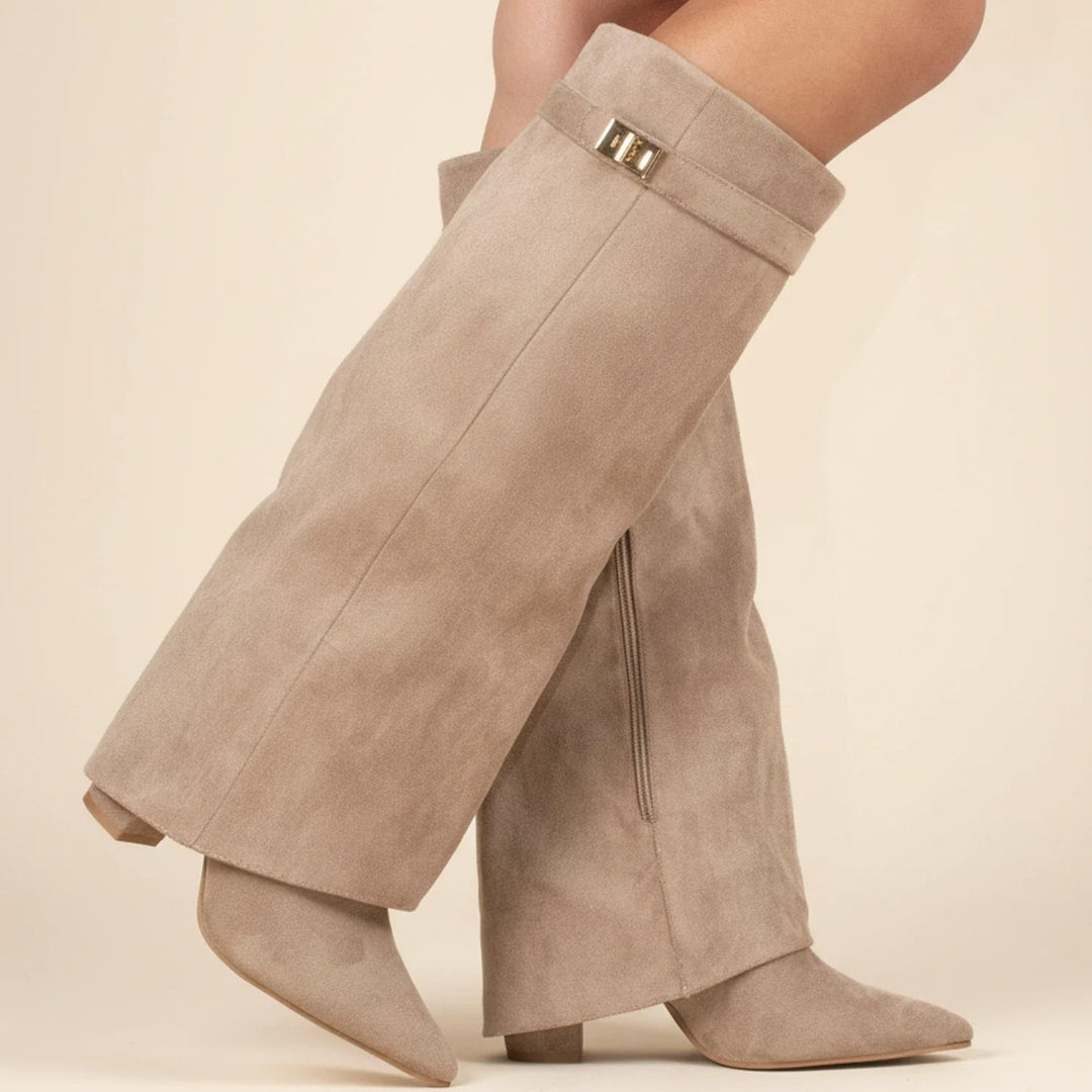 Women's Fold Over Suede Knee High Boots, Pointed Toe Wedge Heel