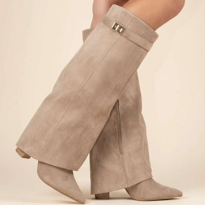 Women's Fold Over Suede Knee High Boots, Pointed Toe Wedge Heel