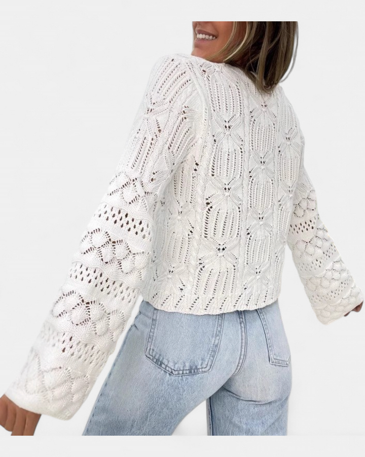 Women's White Open Knit Cardigan, Long Sleeve Tie Front