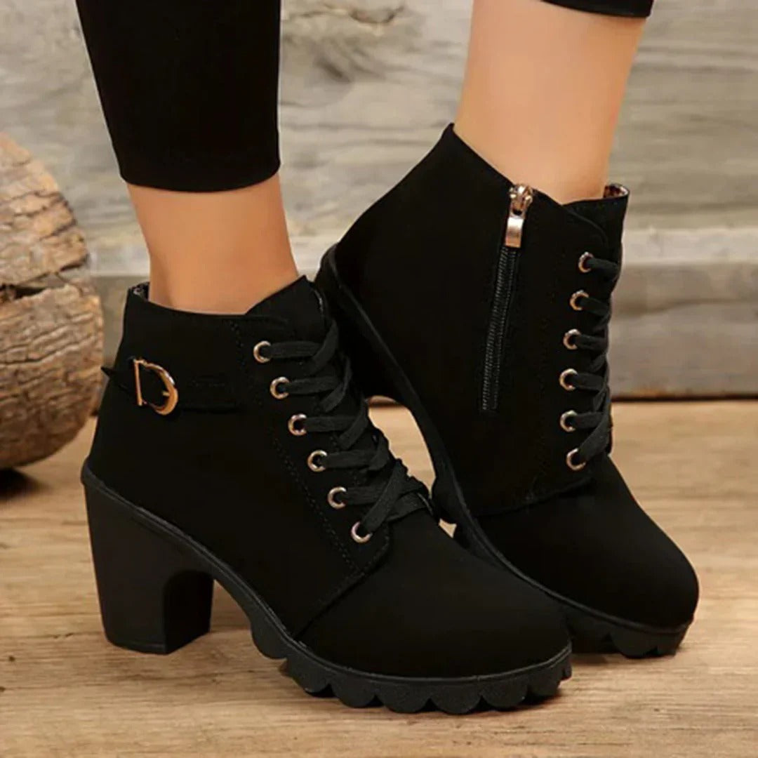 Women's Lace Up Chunky Ankle Boots, Block Heel Buckle Strap Zip
