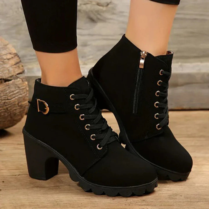 Women's Lace Up Chunky Ankle Boots, Block Heel Buckle Strap Zip