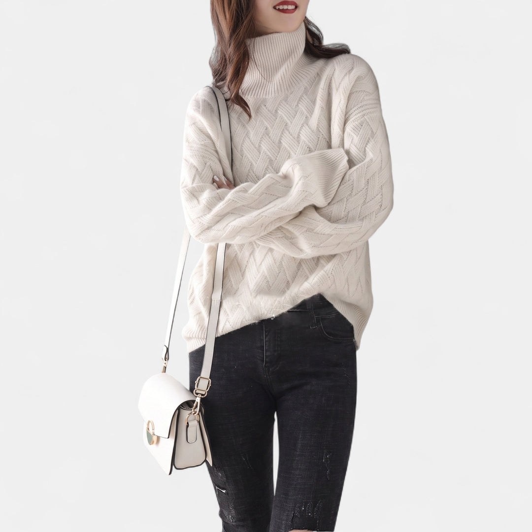Women's Oversized Roll Neck Jumper, Chunky Basketweave Knit