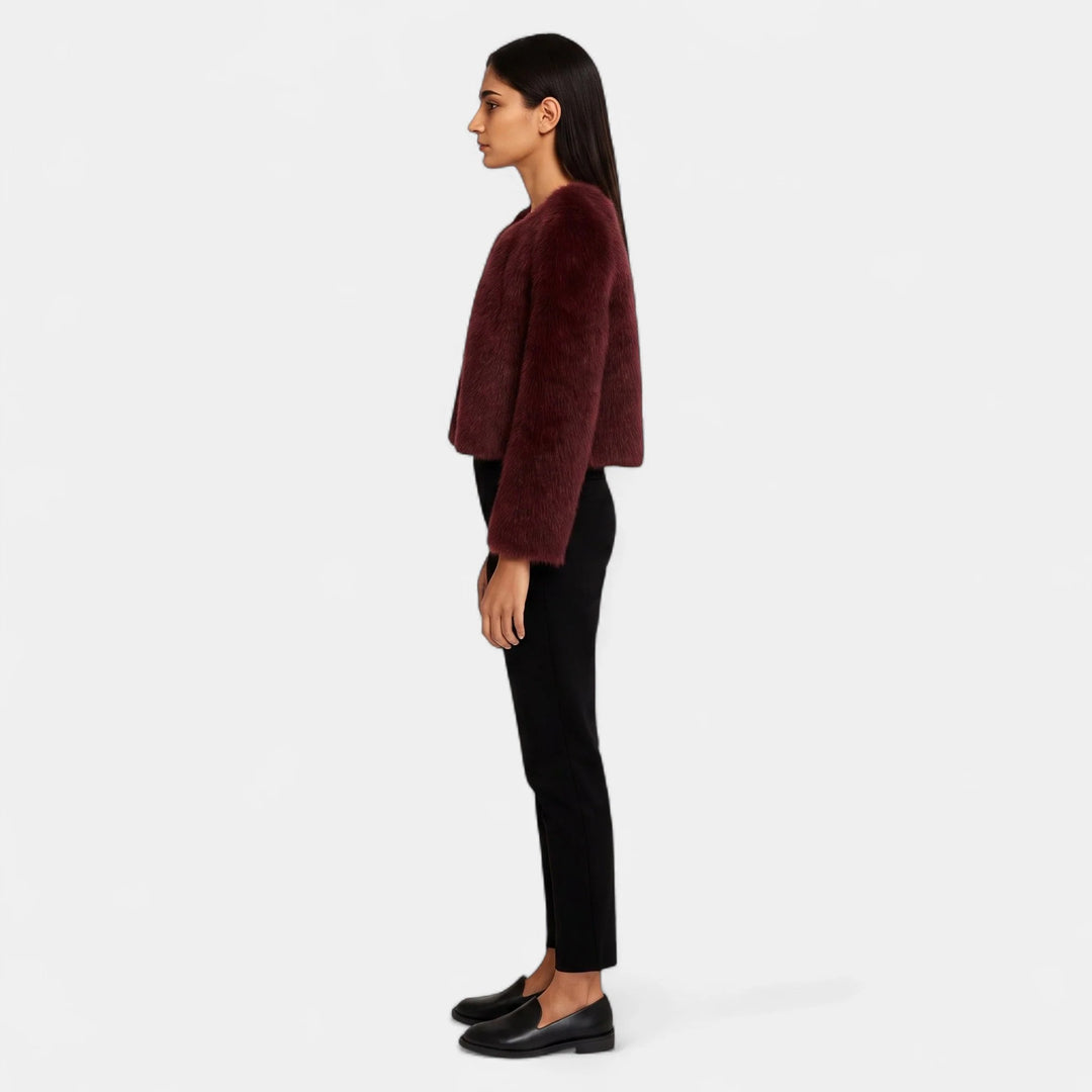 Women's Cropped Faux Fur Coat, Collarless Boxy Open Front