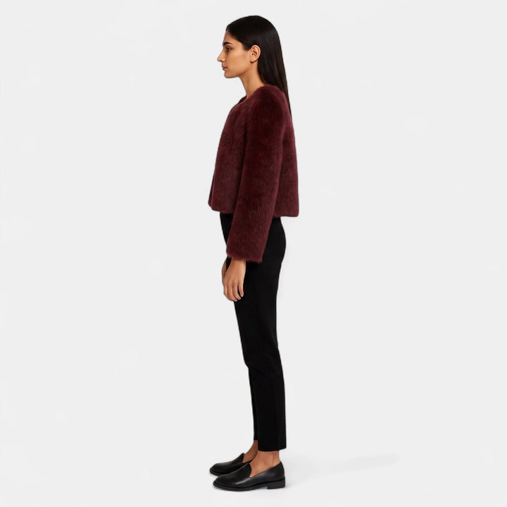 Women's Cropped Faux Fur Coat, Collarless Boxy Open Front