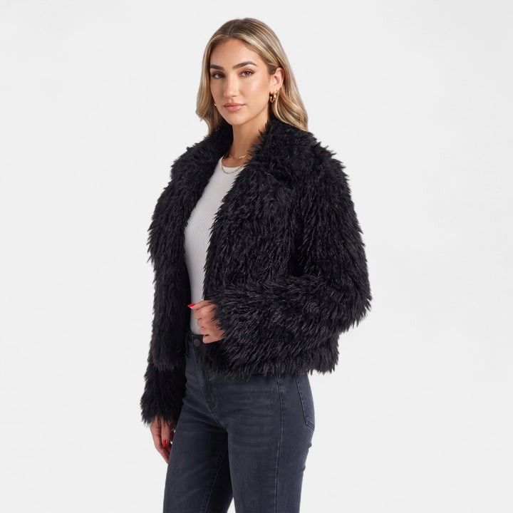 Women's Short Faux Fur Coat, Open Front Boxy Satin Lining