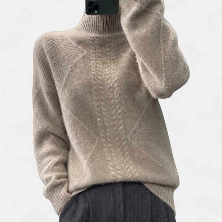 Women's Mock Neck Oversized Jumper, Cable Knit Ribbed Cuffs