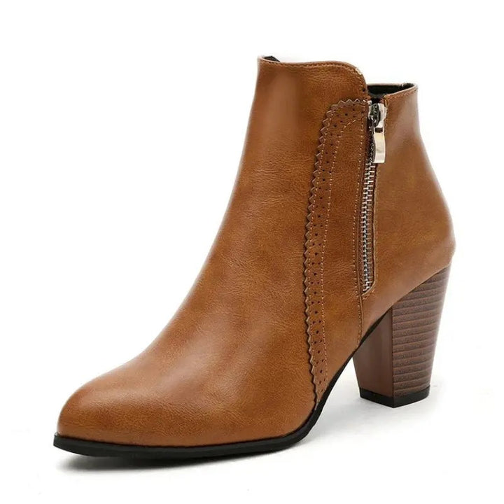 Women's Leather Ankle Boots, Block Heel Pointed Toe