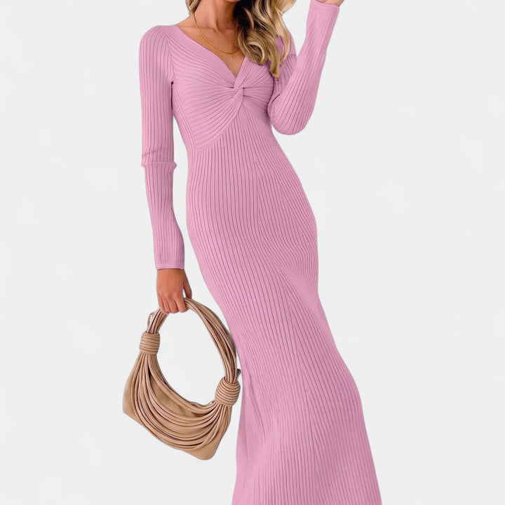 Women's Bodycon Knit Jumper Dress, V Neck Fitted Twist Front