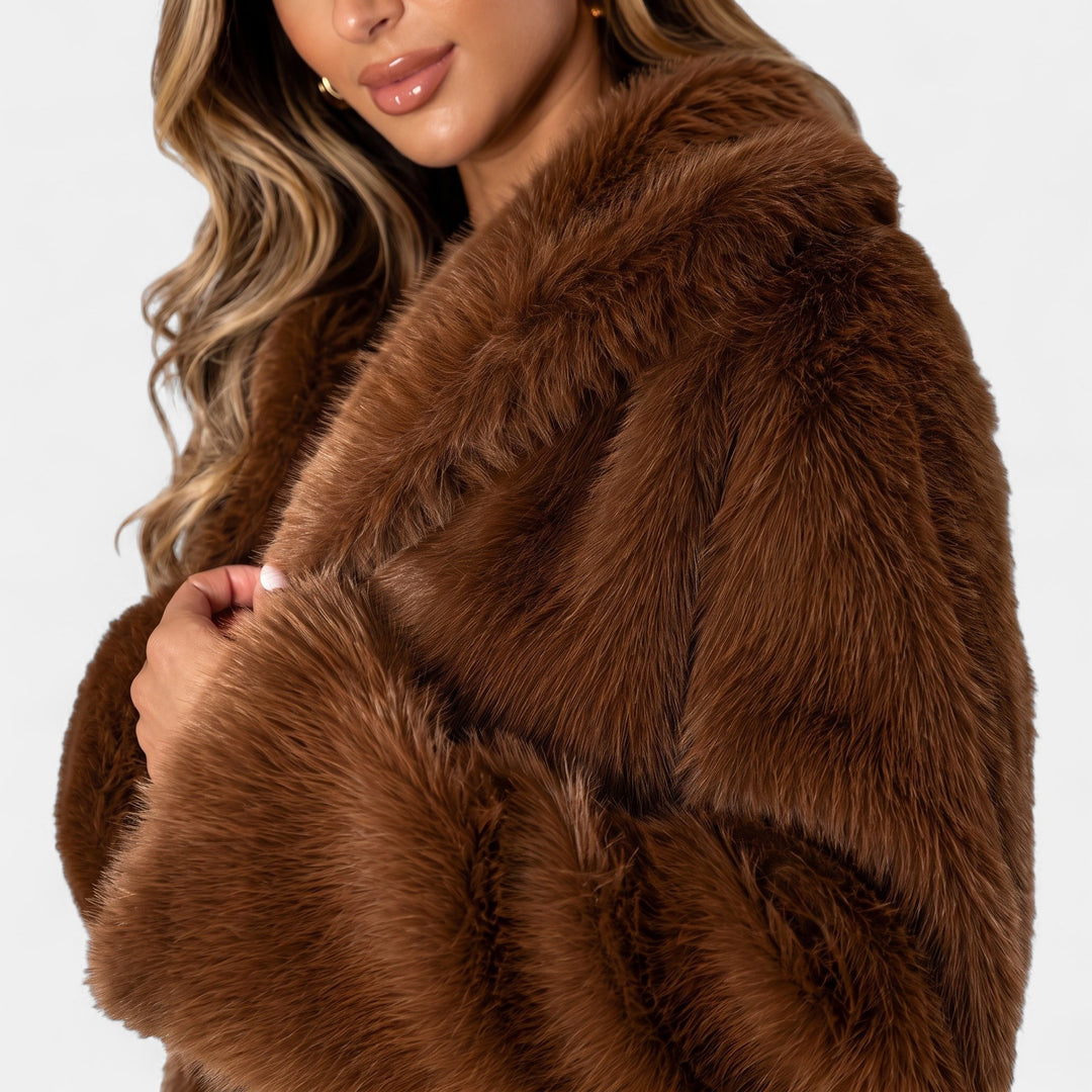 Women's Faux Fur Coat, Open Front Boxy Fit Waist Length