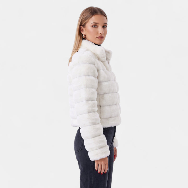 Women's Faux Fur Coat, Boxy Zip Front Stand Collar